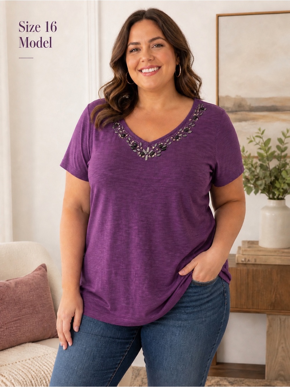 St. John's Bay Purple Short-Sleeve V-Neck Tee with Beaded Accents